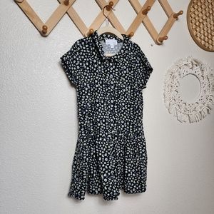 Rockets Of Awesome Floral Flare Dress Girls 7 Black Collared Short Sleeve EUC